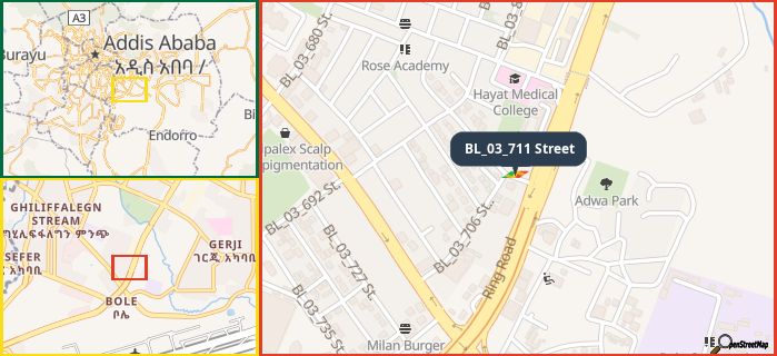 Map showing the address of BL_03_711 Street in three different zoom levels.