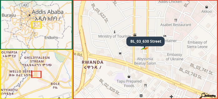 Map showing the address of BL_03_630 Street in three different zoom levels.