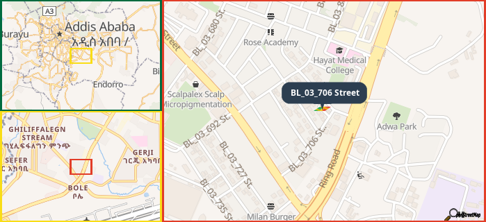 Map showing the address of BL_03_706 Street in three different zoom levels.