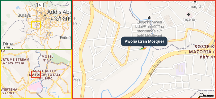 Map showing the address of Awolia (Iran Mosque) in three different zoom levels.