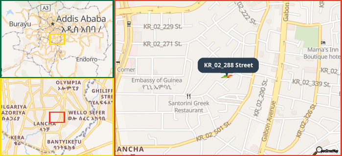 Map showing the address of KR_02_288 Street in three different zoom levels.