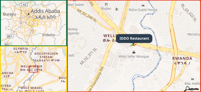 Map showing the address of IDDO Restaurant in three different zoom levels.