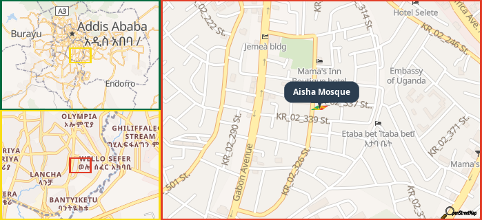 Map showing the address of Aisha Mosque in three different zoom levels.