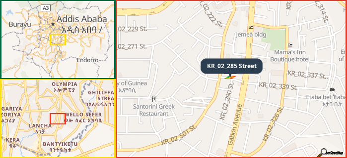 Map showing the address of KR_02_285 Street in three different zoom levels.