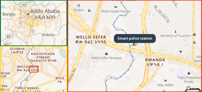 Map showing the address of Smart police station in three different zoom levels.