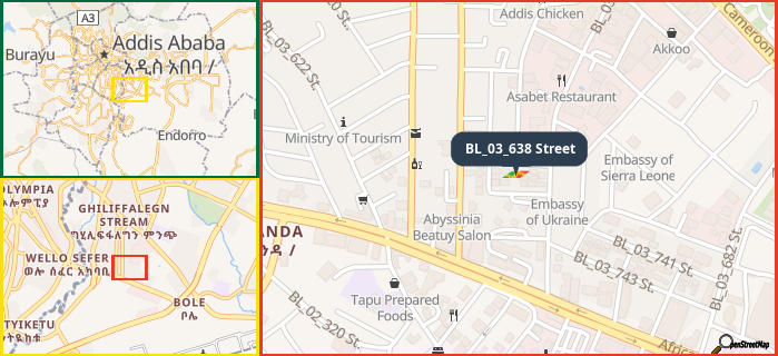 Map showing the address of BL_03_638 Street in three different zoom levels.