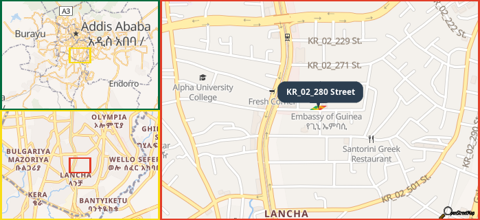 Map showing the address of KR_02_280 Street in three different zoom levels.