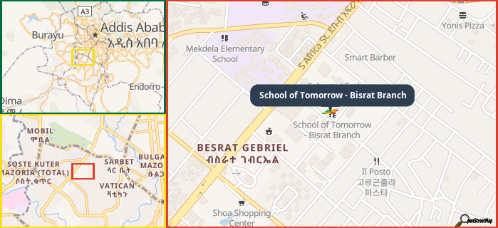 Map showing the address of School of Tomorrow - Bisrat Branch in three different zoom levels.