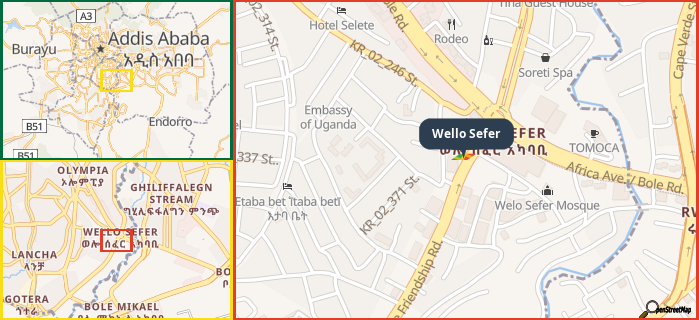 Map showing the address of Wello Sefer in three different zoom levels.