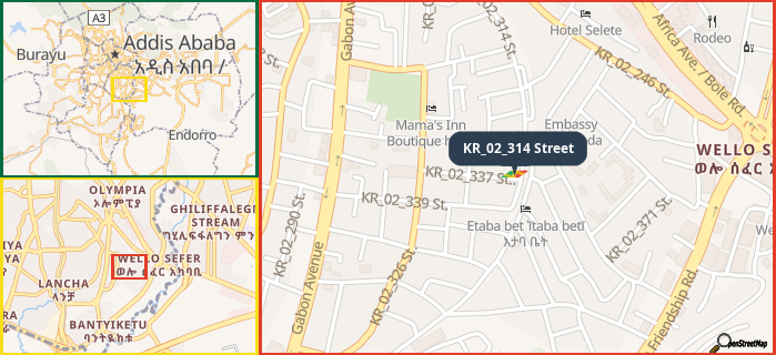 Map showing the address of KR_02_314 Street in three different zoom levels.