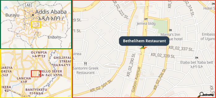 Map showing the address of Bethelihem Restaurant in three different zoom levels.