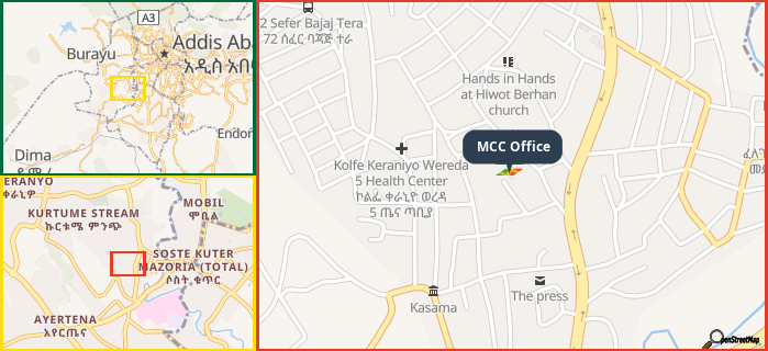 Map showing the address of MCC Office in three different zoom levels.