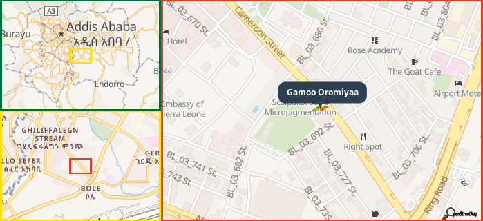 Map showing the address of Gamoo Oromiyaa in three different zoom levels.