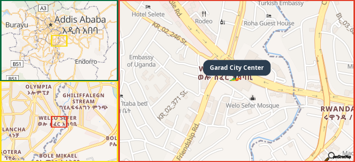 Map showing the address of Garad City Center in three different zoom levels.