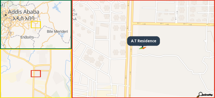 Map showing the address of A.T Residence in three different zoom levels.
