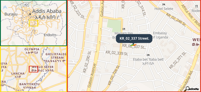 Map showing the address of KR_02_337 Street. in three different zoom levels.