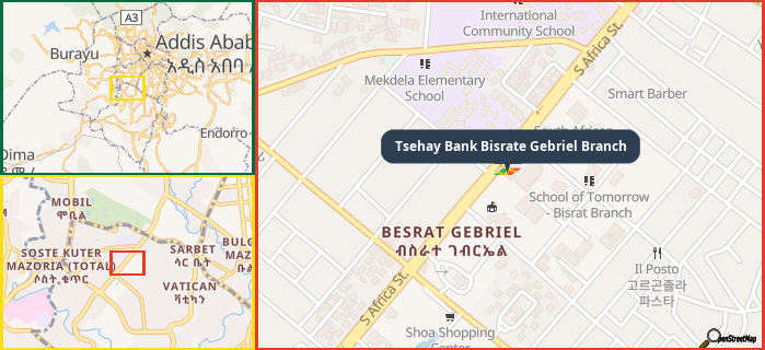 Map showing the address of Tsehay Bank Bisrate Gebriel Branch in three different zoom levels.