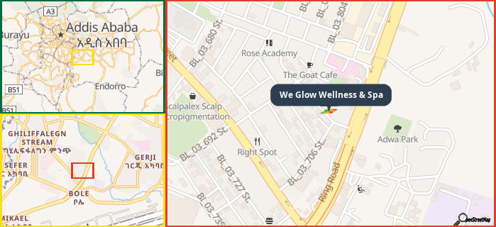 Map showing the address of We Glow Wellness & Spa in three different zoom levels.