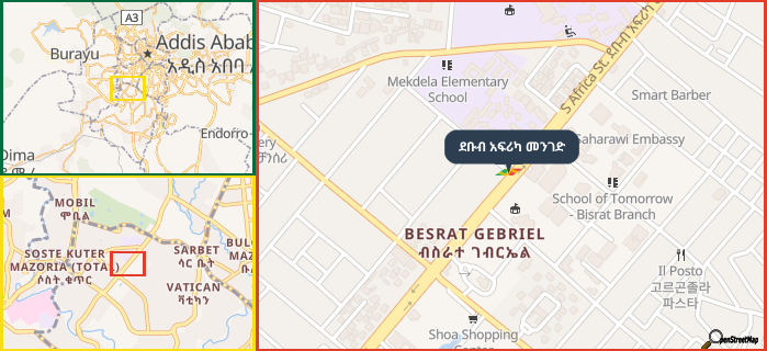 Map showing the address of ደቡብ አፍሪካ መንገድ in three different zoom levels.