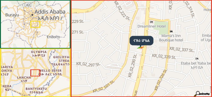 Map showing the address of ናዝራ ሆቴል in three different zoom levels.