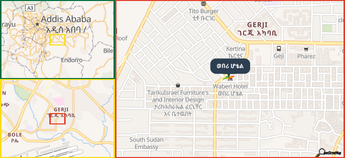 Map showing the address of ወበሪ ሆቴል in three different zoom levels.