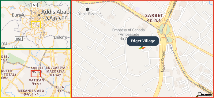 Map showing the address of Edget Village in three different zoom levels.