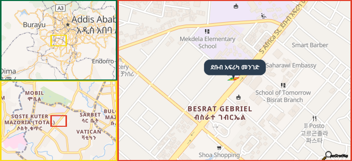 Map showing the address of ደቡብ አፍሪካ መንገድ in three different zoom levels.