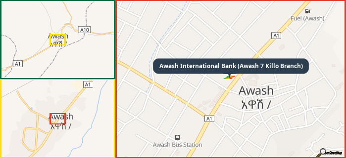 Map showing the address of Awash International Bank (Awash 7 Killo Branch) in three different zoom levels.