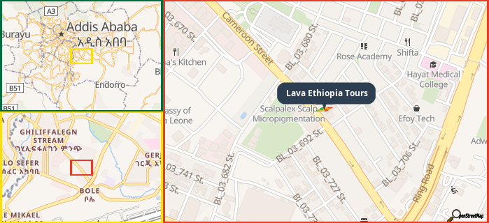 Map showing the address of Lava Ethiopia Tours in three different zoom levels.