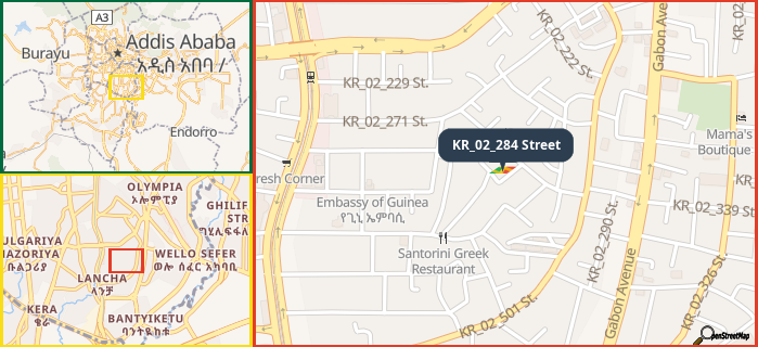 Map showing the address of KR_02_284 Street in three different zoom levels.