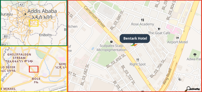 Map showing the address of Bentark Hotel in three different zoom levels.