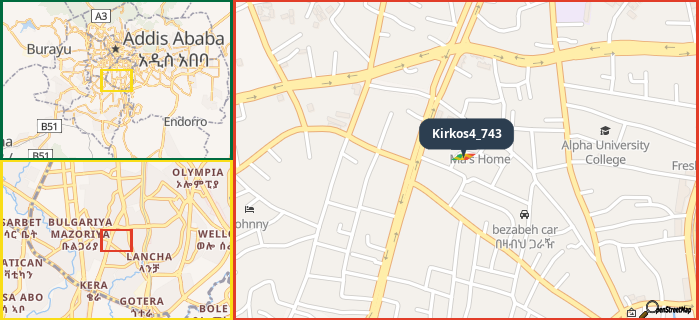 Map showing the address of Kirkos4_743 in three different zoom levels.
