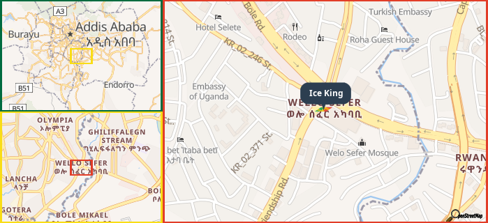 Map showing the address of Ice King in three different zoom levels.