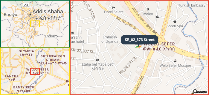 Map showing the address of KR_02_373 Street in three different zoom levels.