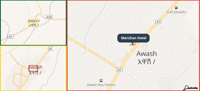 Map showing the address of Meridian Hotel in three different zoom levels.