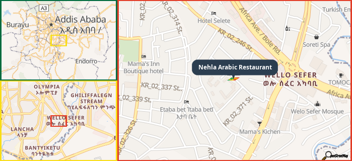 Map showing the address of Nehla Arabic Restaurant in three different zoom levels.