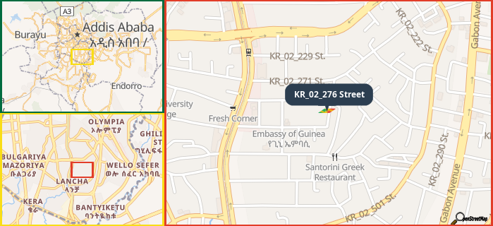 Map showing the address of KR_02_276 Street in three different zoom levels.