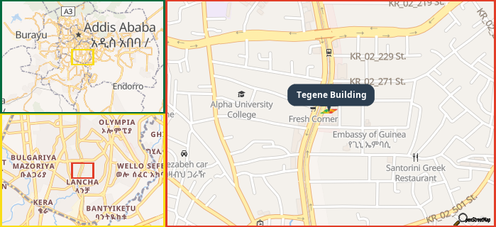 Map showing the address of Tegene Building in three different zoom levels.