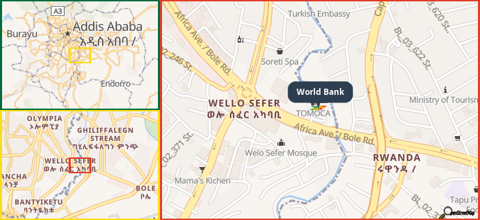 Map showing the address of World Bank in three different zoom levels.