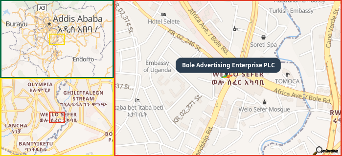 Map showing the address of Bole Advertising Enterprise PLC in three different zoom levels.
