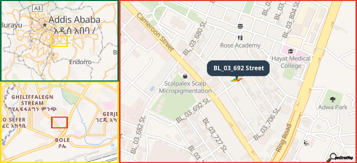 Map showing the address of BL_03_692 Street in three different zoom levels.