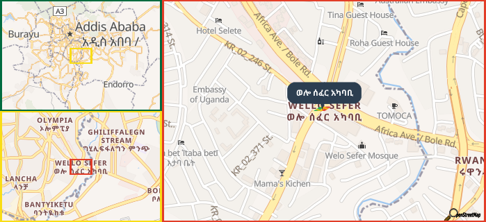 Map showing the address of ወሎ ሰፈር አካባቢ in three different zoom levels.