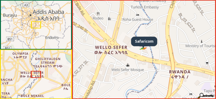 Map showing the address of Safaricom in three different zoom levels.