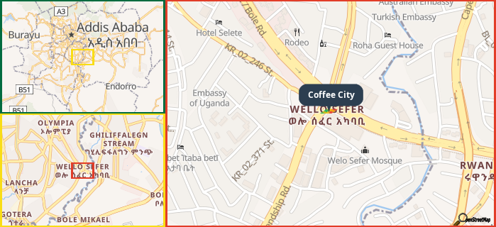 Map showing the address of Coffee City in three different zoom levels.
