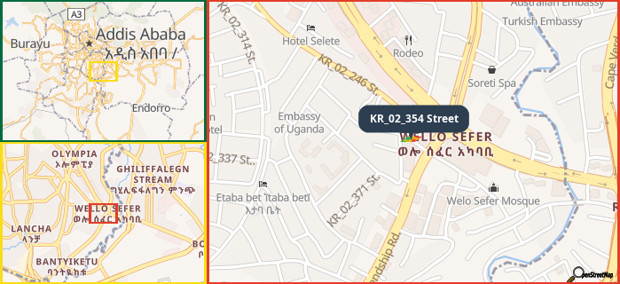 Map showing the address of KR_02_354 Street in three different zoom levels.