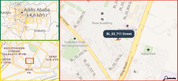 Map showing the address of BL_03_711 Street in three different zoom levels.