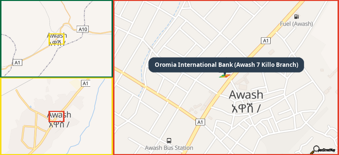 Map showing the address of Oromia International Bank (Awash 7 Killo Branch) in three different zoom levels.