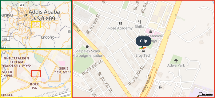 Map showing the address of Clip in three different zoom levels.