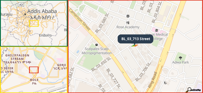 Map showing the address of BL_03_713 Street in three different zoom levels.