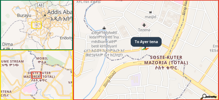 Map showing the address of To Ayer tena in three different zoom levels.